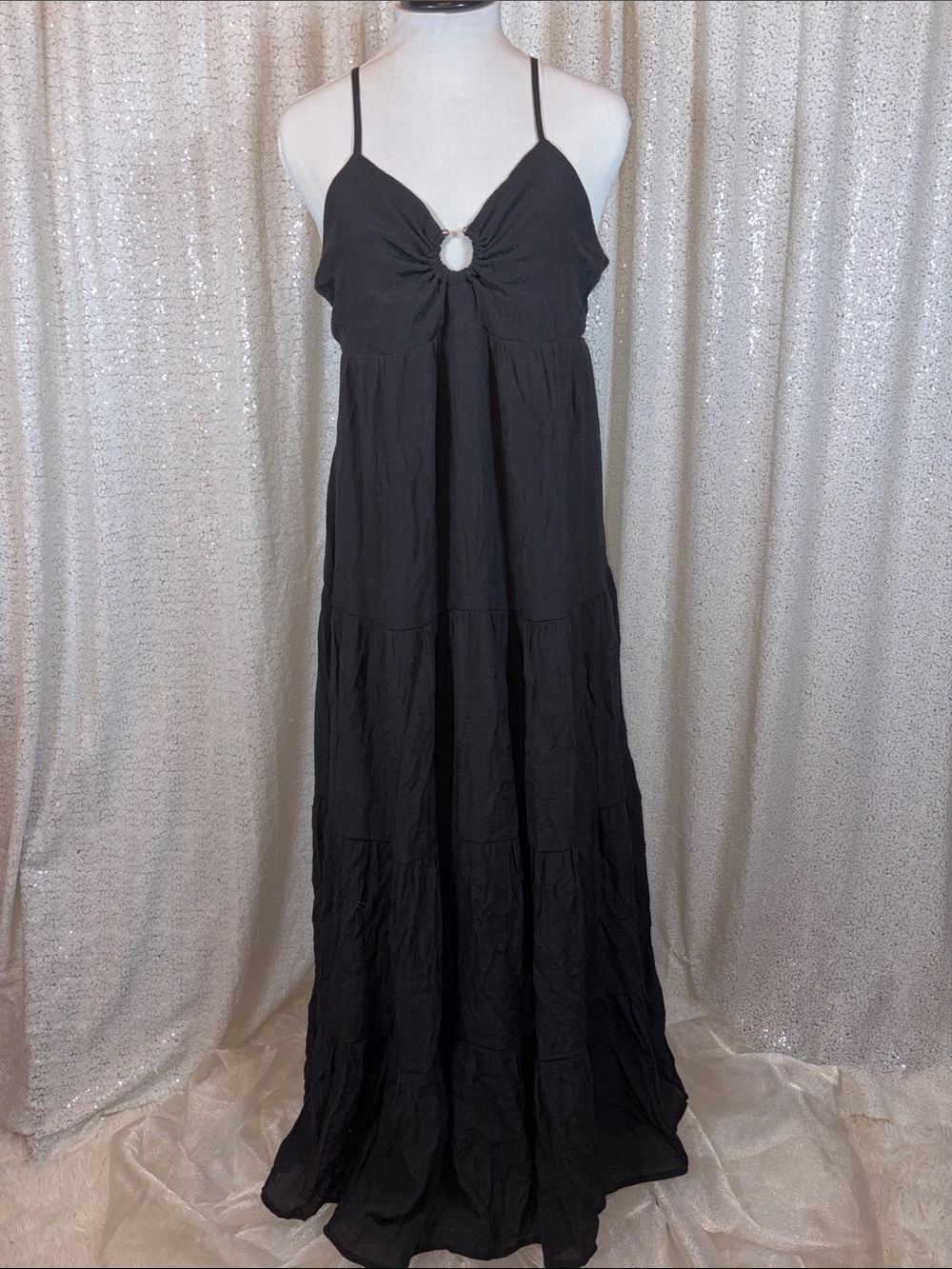 entro Black Tiered Maxi Dress with Front Ring